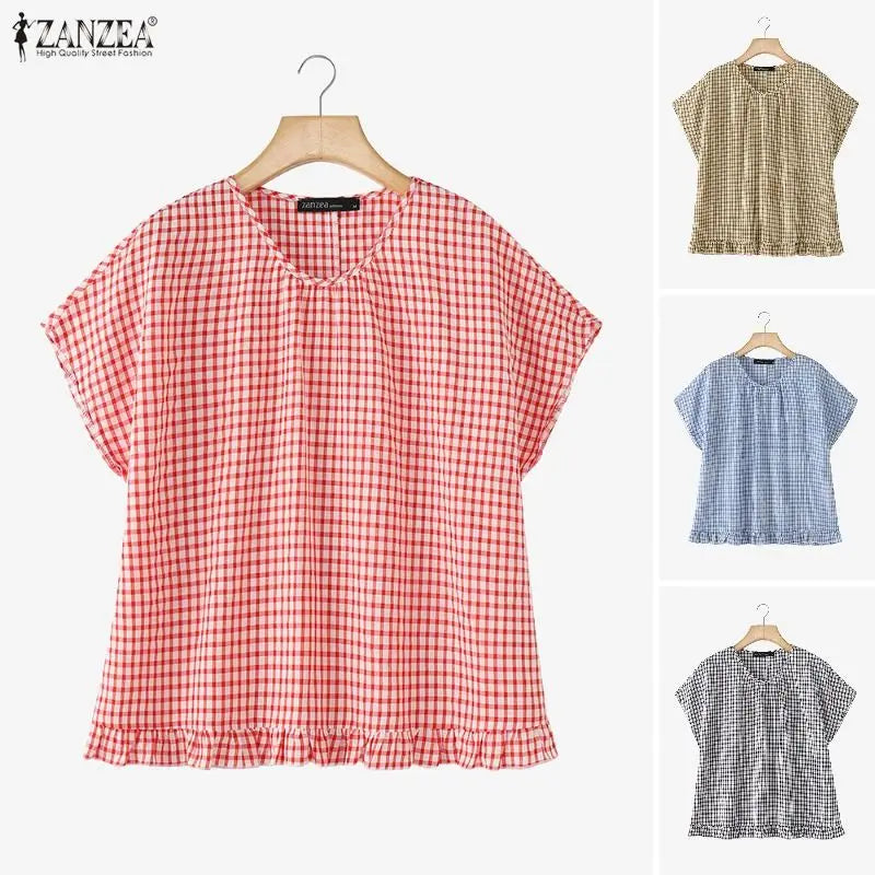 Women Summer Plaid Checked Blouse ZANZEA 2026 Fashion O Neck Short Sleeve Tops Casual Loose Holiday Shirt Elegant Work Blusas