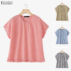 Women Summer Plaid Checked Blouse ZANZEA 2026 Fashion O Neck Short Sleeve Tops Casual Loose Holiday Shirt Elegant Work Blusas