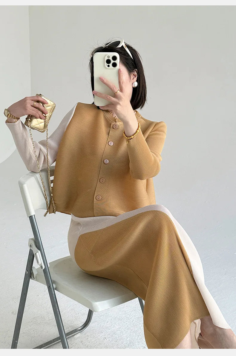Khaki Beige Pleated Crew Neck Button Vest & Pleated Color Block Skirt Set Drapey Co-ord Set Minimalist Chic Trendy Daily 2026
