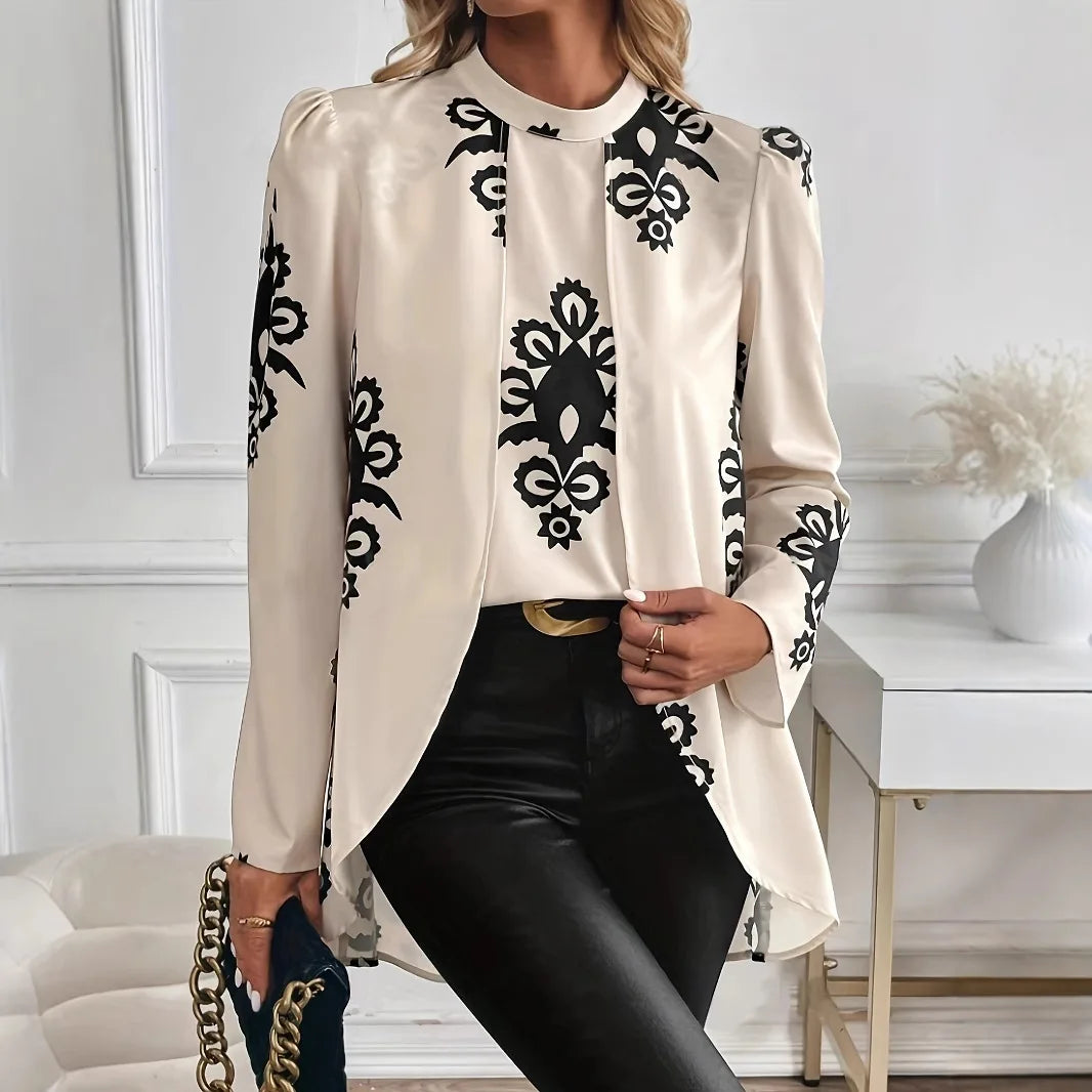 2026 Fashion Long Sleeve Print Blouses Women Spring Elegant Office Ladies Tops Femme Fake Two Pieces Blouse Shirts Women's Top Main image