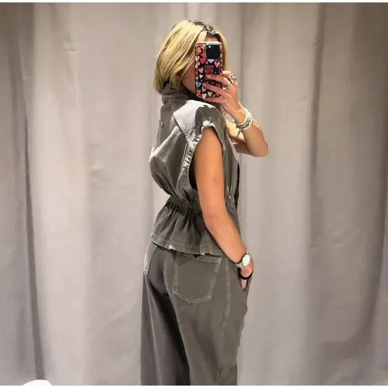 Denim Vest Loose Long Pants Woman Set High Neck Single Breasted Waist Cinched Tops High Waist Trousers Chic Casual Lady New Sets