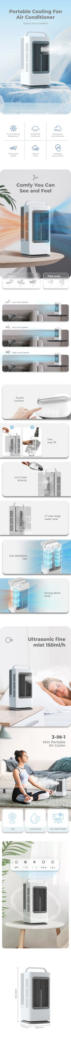 Portable Cooling Fan, Intelligent Remote & Touch Control, Timer, Strong Wind, Water & Ice Cooling, Multifunctional Air Cooler fo