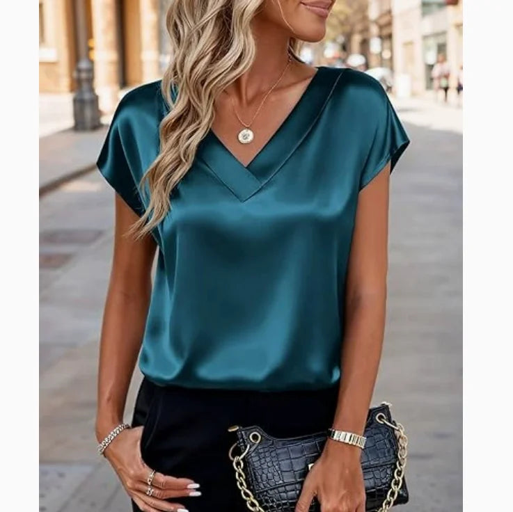New  Summer Women Fashion Blouses Casual Solid Elegant Ladies V-Neck Short Sleeve Shirts Trendy Simple Loose Woman Satin Top