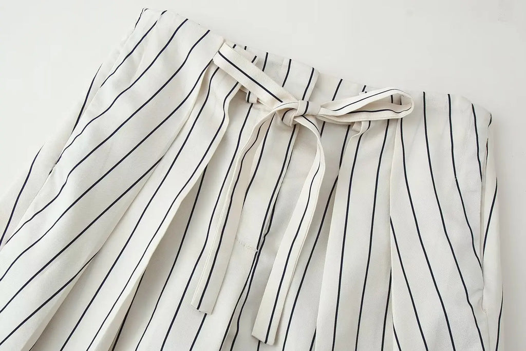 HH Women Spring New Fashion Vintage Versatile Beige Striped Puffy Sleeve Shirt+High Waisted Loose Pleated Casual Long Pants Set