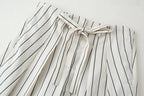 HH Women Spring New Fashion Vintage Versatile Beige Striped Puffy Sleeve Shirt+High Waisted Loose Pleated Casual Long Pants Set