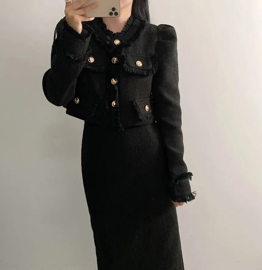 Beige Tweed Jacket + High Waisted Skirts Women Winter  Golden Button 2 Piece Sets Wool Luxury Vintage Skirts Sets Autumn