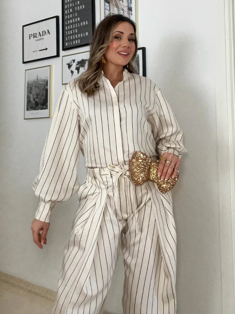 HH Women Spring New Fashion Vintage Versatile Beige Striped Puffy Sleeve Shirt+High Waisted Loose Pleated Casual Long Pants Set