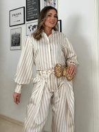 HH Women Spring New Fashion Vintage Versatile Beige Striped Puffy Sleeve Shirt+High Waisted Loose Pleated Casual Long Pants Set
