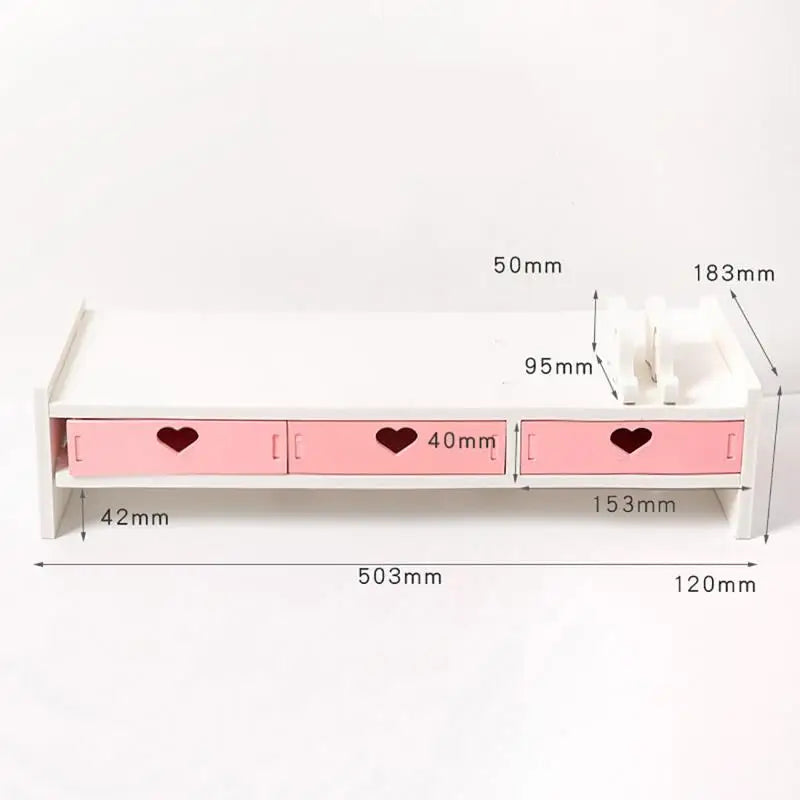 Pink White Student Storage Rack Heart Drawers Monitor Laptop Increase Shelf Office Screen Riser Holder Stationery Pen Storage