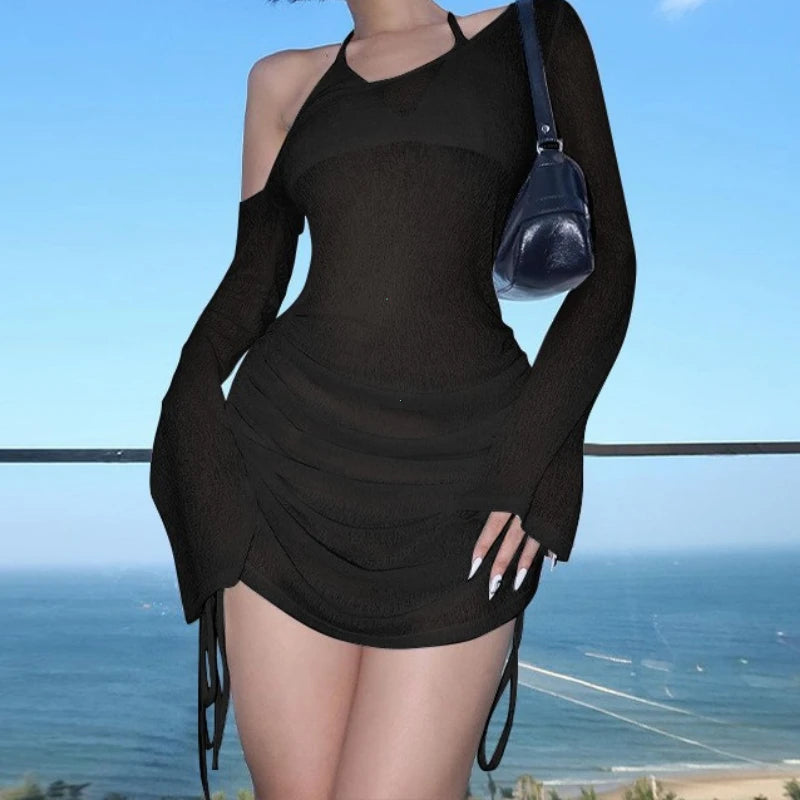 Solid Skew Collar Ruched Straps Lace-Up See Through Draw String Mini Dress 2025 Summer  Women Party Clubwear Wholesale