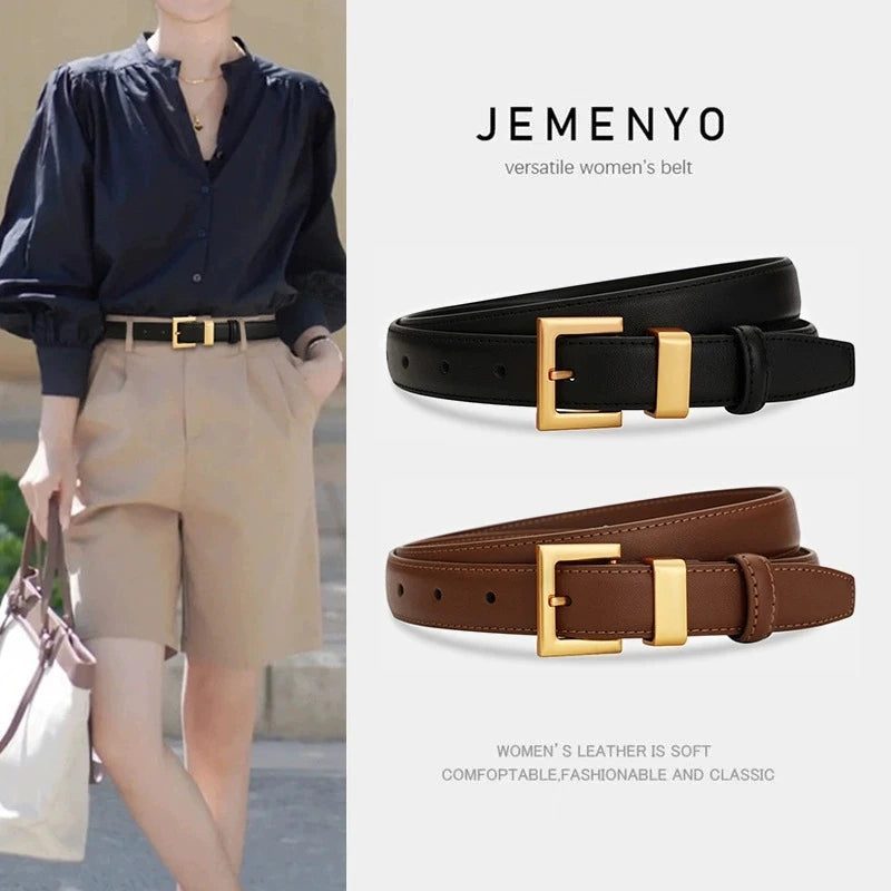 Ladies leather belt; cowhide versatile decoration for suit waist belt; retro simple high-end black ins style denim belt.