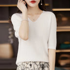 Women's Sweater Spring Summer Short Sleeve V-neck Knit Shirt Casual Korean Pullovers Stripe Bottoming Shirt Slim Fit Jumpers