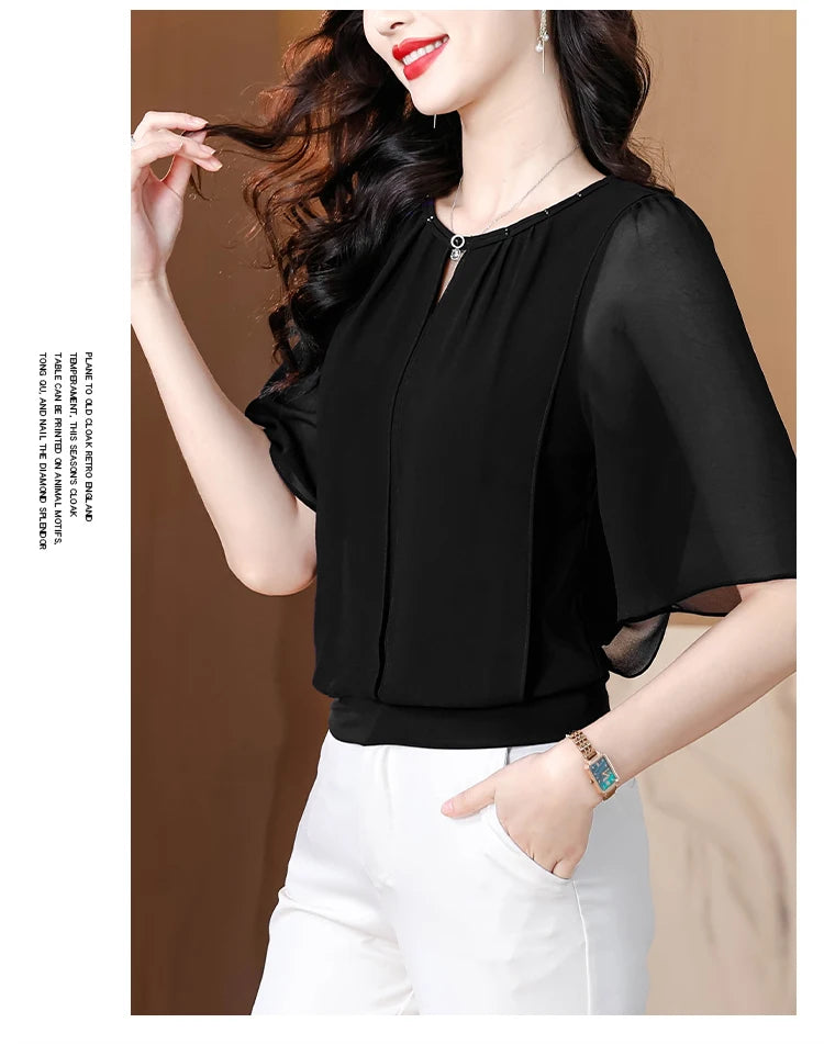 Summer Clothing Half Sleeve Chiffon Blouse 2025 New Fashion Loose Women Tops Solid Color Casual Pullovers Shirt