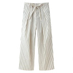 HH Women Spring New Fashion Vintage Versatile Beige Striped Puffy Sleeve Shirt+High Waisted Loose Pleated Casual Long Pants Set