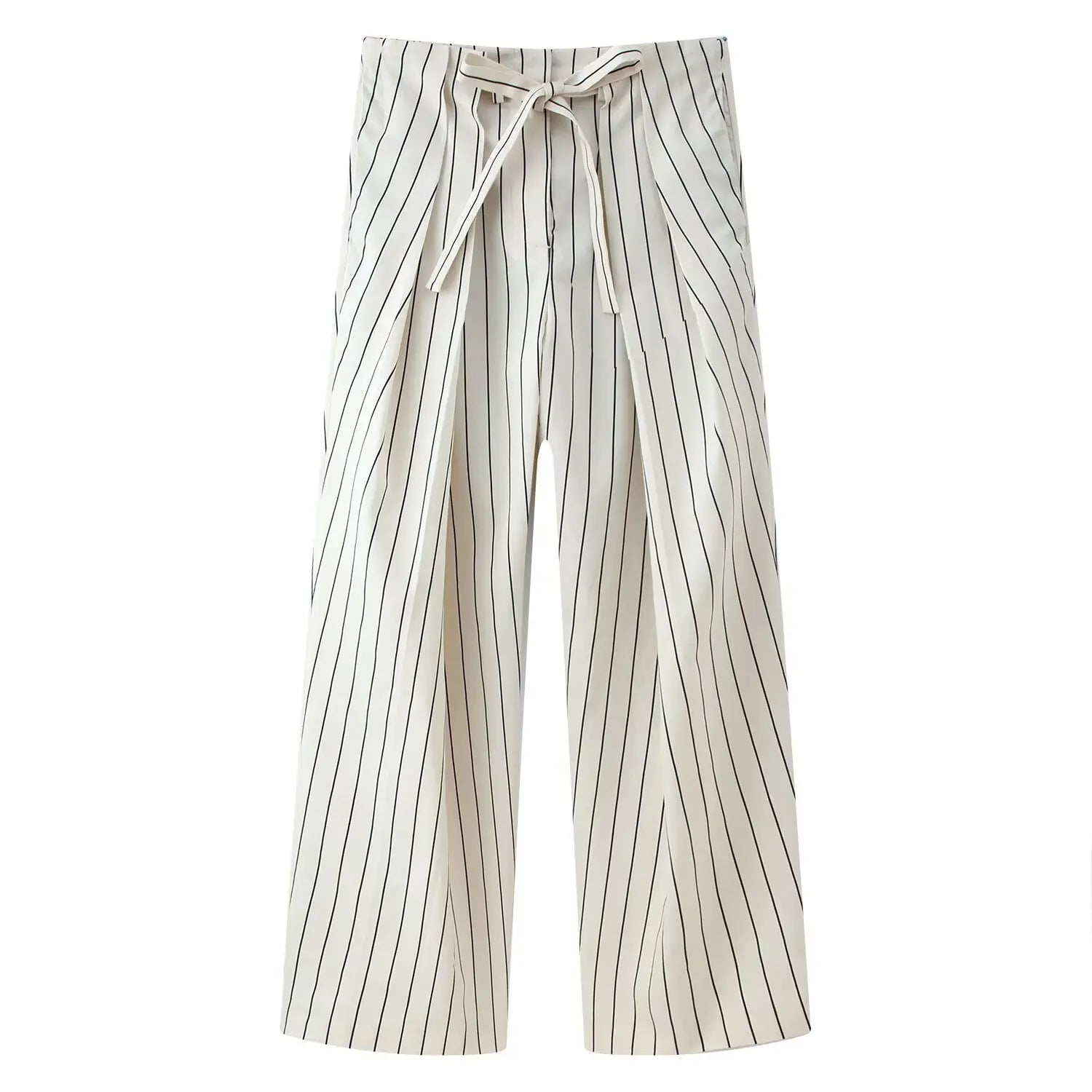 HH Women Spring New Fashion Vintage Versatile Beige Striped Puffy Sleeve Shirt+High Waisted Loose Pleated Casual Long Pants Set