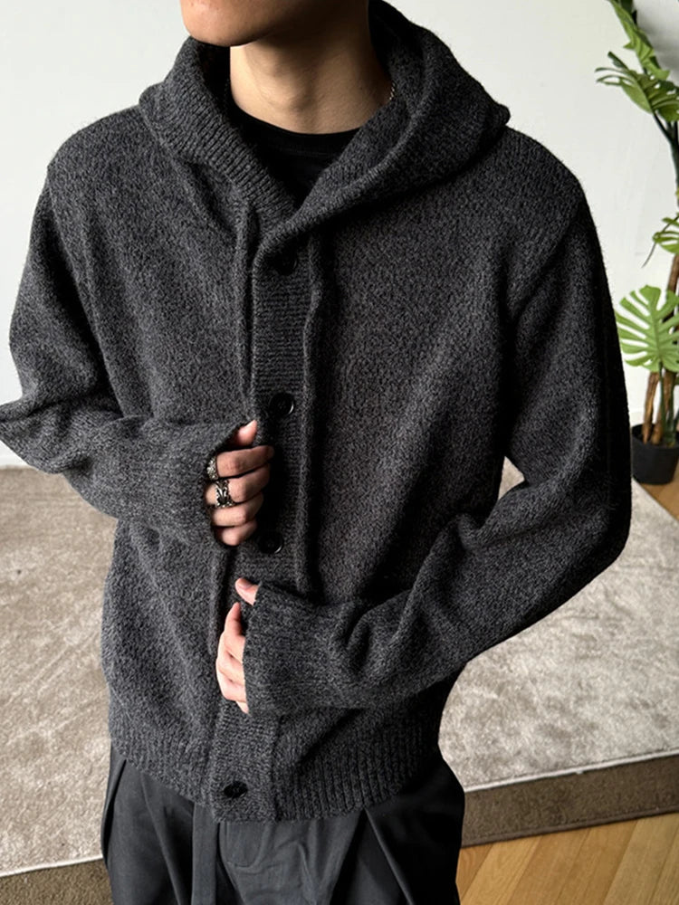 New Casual Luxury Hooded Knitted Cardigan For Man Korean Fashion Loose Button-up Sweater Y2K Vintage Streetwear Knitwear Coat