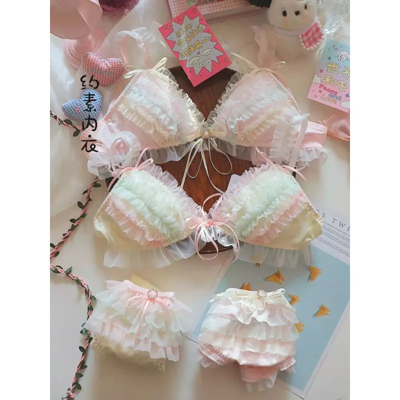 Japanese Style Lolita Princess Lingerie Set Women Pure Desire Cake Layer Lace Mesh Cotton Crotch Party Bra And Panty Set  Cute Secondary image