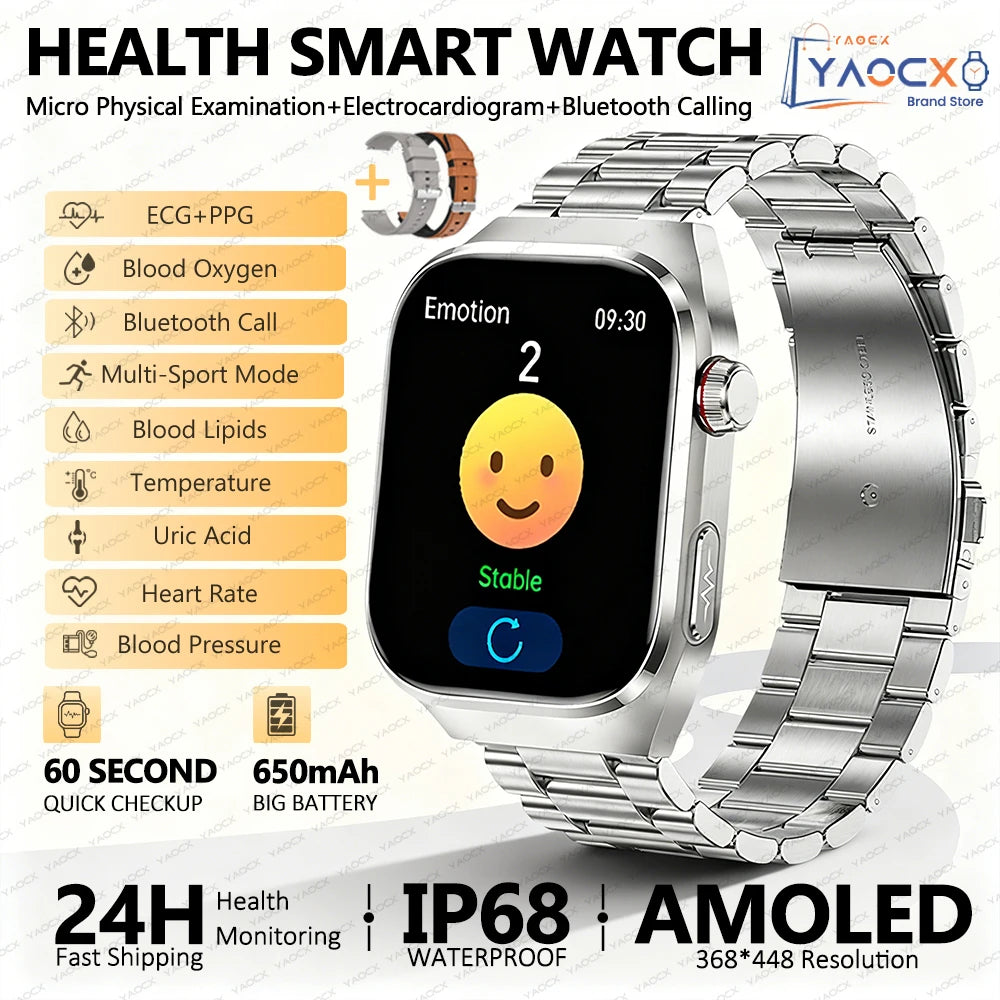 2026 New Nursing Grade Uric acid Blood lipids Smart Watch Men ECG+PPG Blood Pressure Heart Rate Bluetooth Call Health Smartwatch