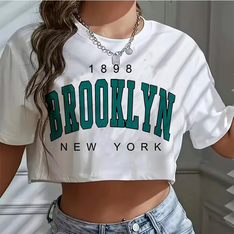 T Shirt Los Angeles Number 91 Brooklyn Graphic Round Neck Sports Crop T-shirt Casual Crop Top Women Cropped Main image