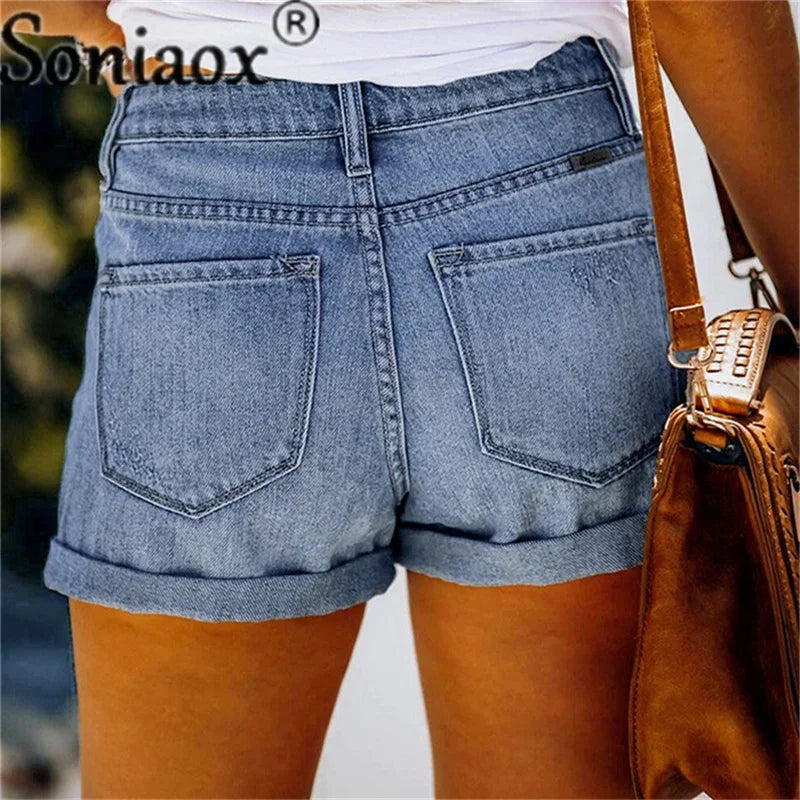 2024 Summer New Women Crimping Button Up Stretch Sexy Hole Jean Shorts High Waist Skinny Streetwear Trendy Ripped Denim Shorts Secondary image