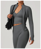 Women's Zipper Crop Sports Jacket Long Sleeve Yoga T-Shirt Solid Quick Dry Fitness Top Gym Running Workout Sportswear