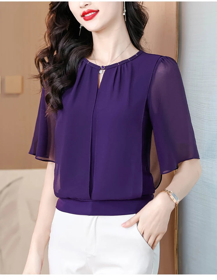 Summer Clothing Half Sleeve Chiffon Blouse 2025 New Fashion Loose Women Tops Solid Color Casual Pullovers Shirt