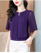 Summer Clothing Half Sleeve Chiffon Blouse 2025 New Fashion Loose Women Tops Solid Color Casual Pullovers Shirt