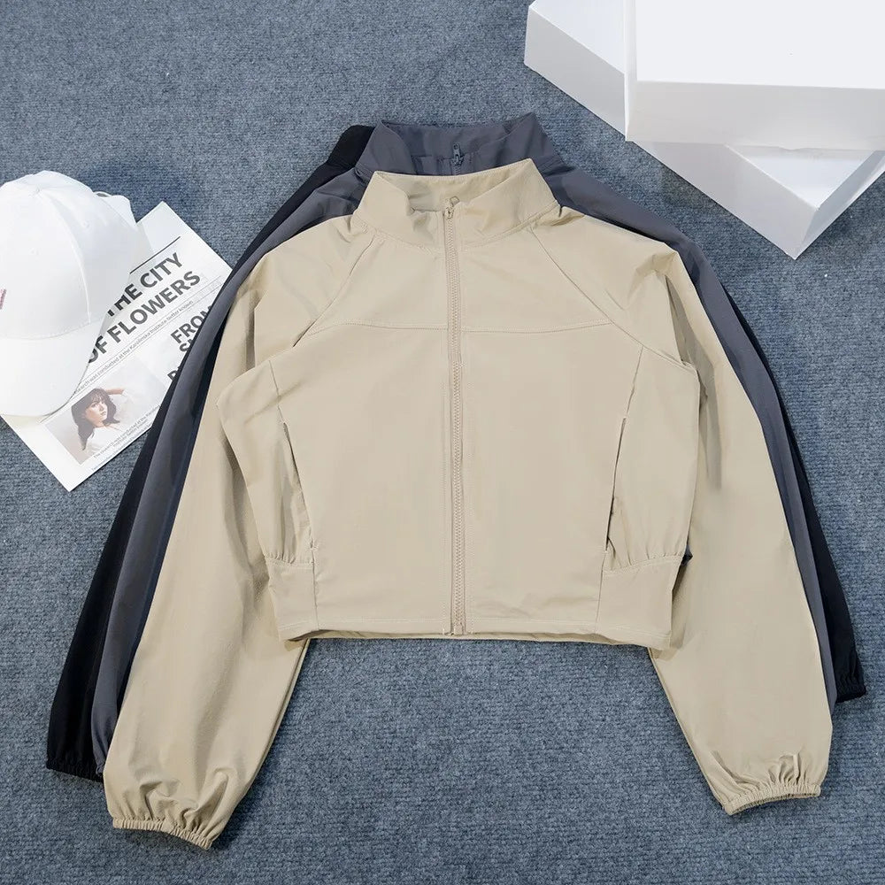 Yoga Wear American Style Sports Windproof Stand Collar Sun Protection Jacket Breathable Top Outdoor Quick-Dry Short Zipper Women