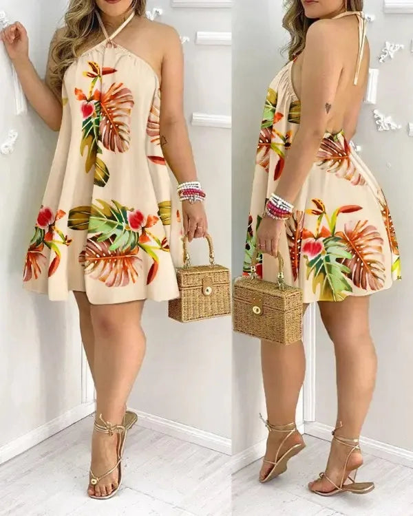 Floral Print Halter Neck Dress Boho Backless Halter Dress For Spring  Summer Women's Clothing Main image