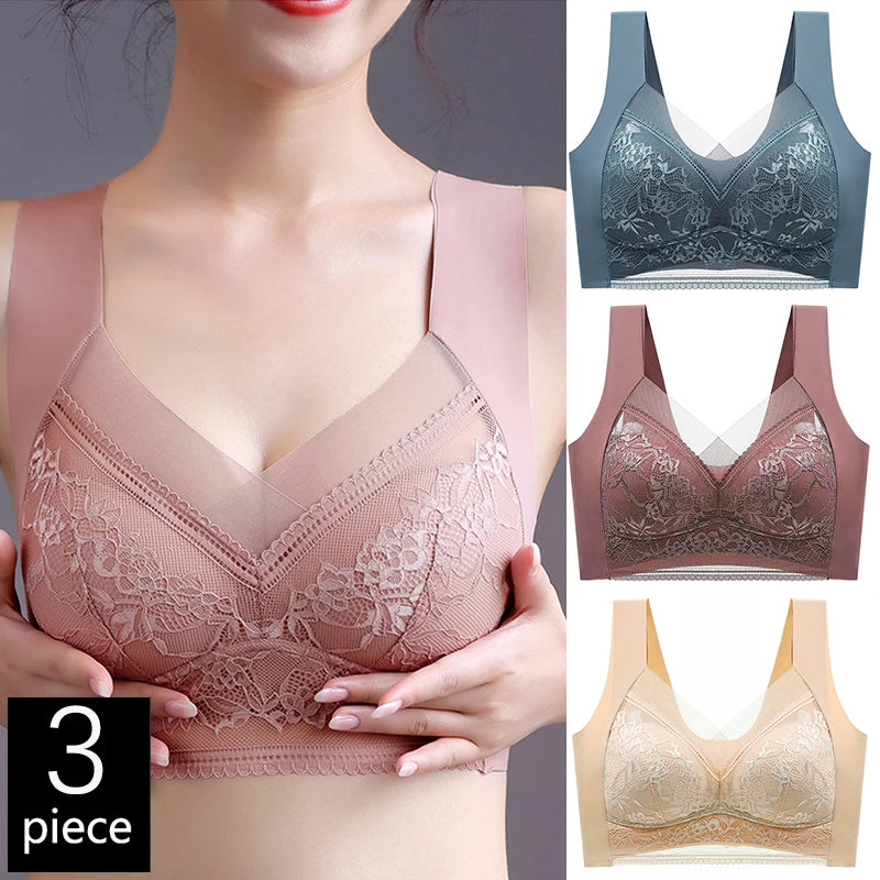 FallSweet 3PCS Lace Push Up Bras for Women Sexy Wireless Bra Ice Silk Deep V Bralette Tops Female Lingerie Mom's Underwear L-5XL Main image