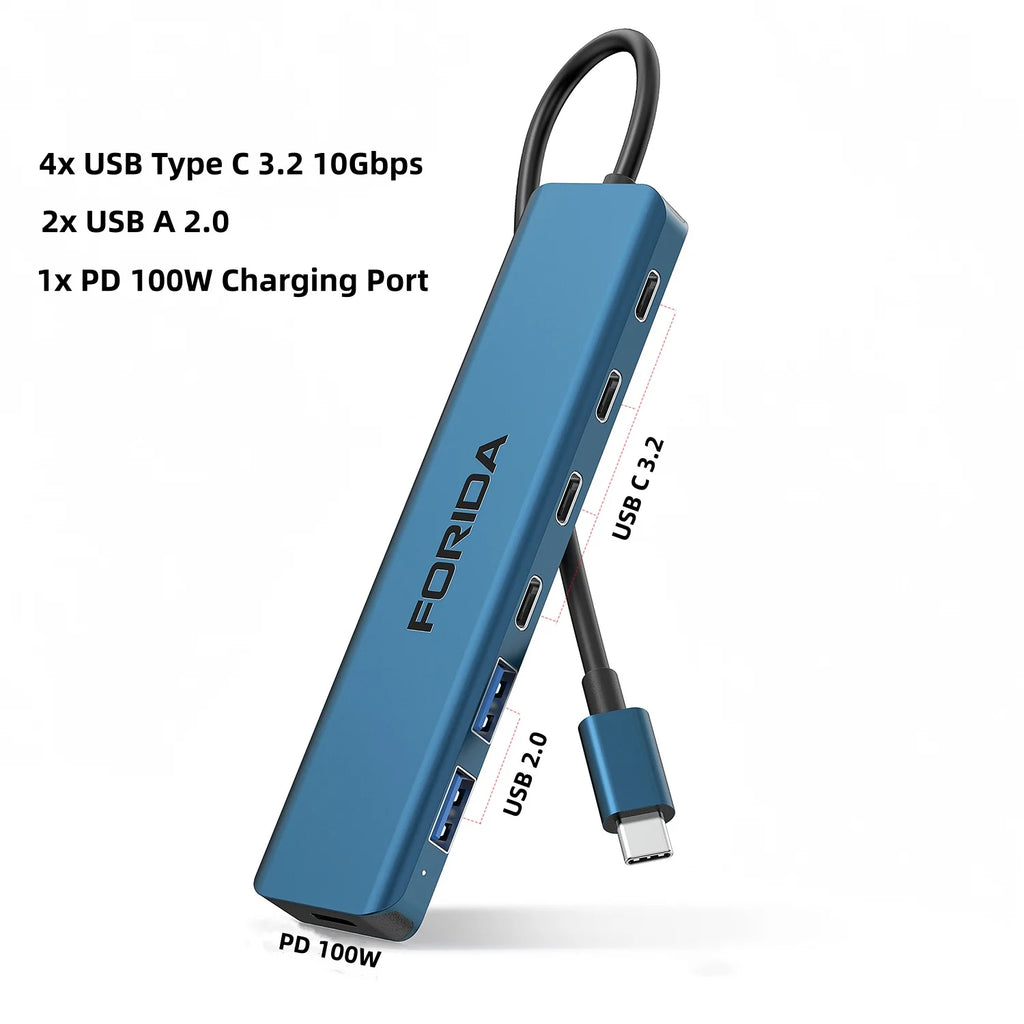 FORIDA USB Hub Type C 10Gbps USB C Splitter PD 100W Power Charging USB 3.2 Gen2 Adapter for Laptop MacBook Desktop Tablet