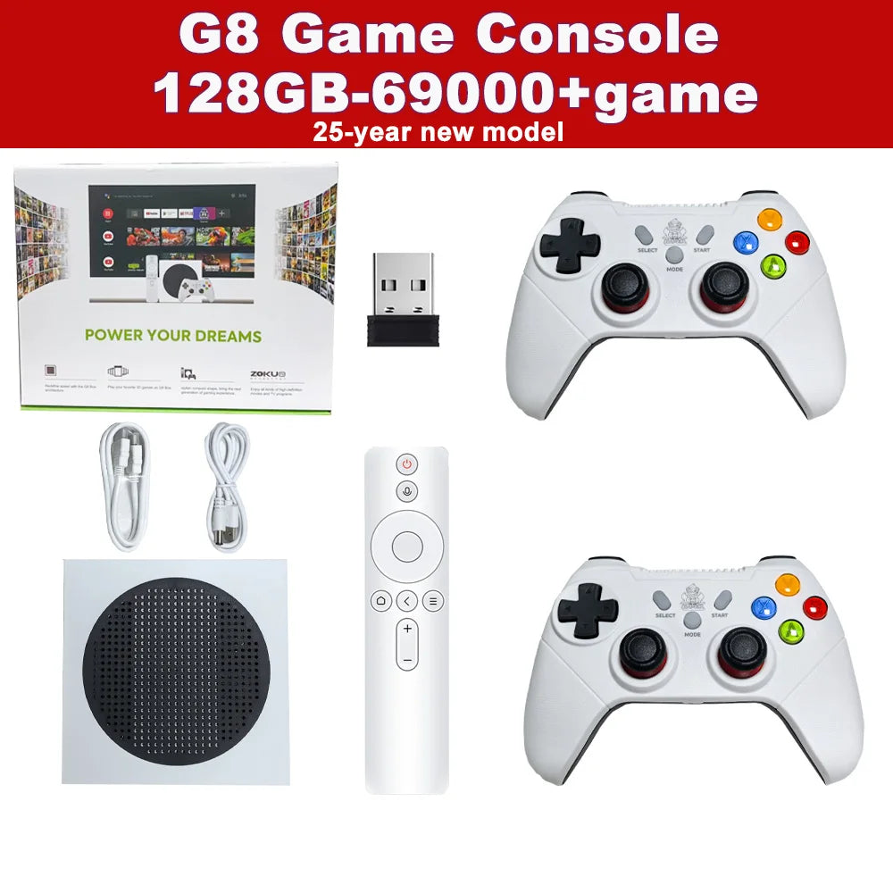Dual-system TV Game Box G7,G8 8K 3D, supports two players, 60000 classic retro arcade games, includes 2.4G wireless controllers.