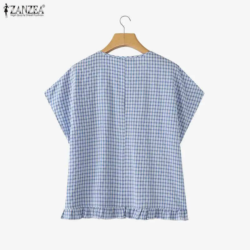 Women Summer Plaid Checked Blouse ZANZEA 2026 Fashion O Neck Short Sleeve Tops Casual Loose Holiday Shirt Elegant Work Blusas