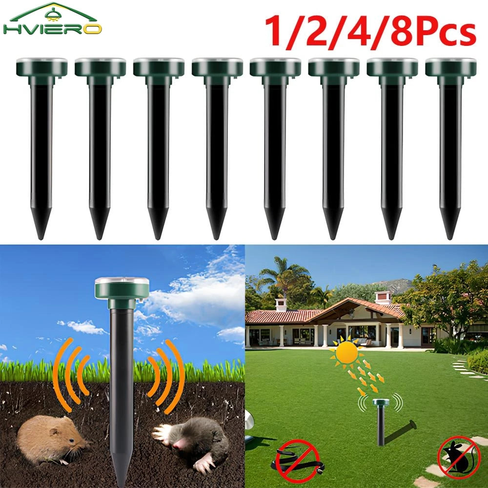 4/8X Solar Repeller Powered Ultrasonic Sonic Mouse Mole Pest Rodent Repellent Vibration Wave Yard Outdoor Garden Lawn Farm Field
