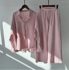 Plus Size Casual Loose Two-Piece Set Wide Leg Pants Long Sleeve Shirt Light Beige Street Style Elegant Quality Polyester Summ...