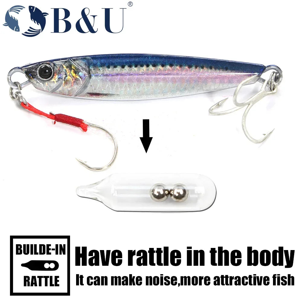B&U Rattle Jig Sea Fishing Lures Metal Jig 40g 60g 80g Long Casting Lure Spinning Artificial Bait with Hook Spoon Fishing Tackle