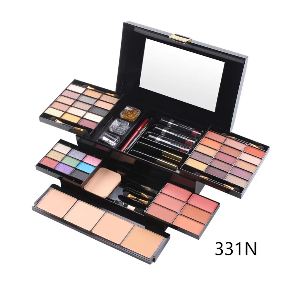 MISS ROSE 104 Color Eye Shadow Powder Puff High Gloss Lipstick Mirror Makeup Durable Easy Makeup Multi-Function Makeup Set