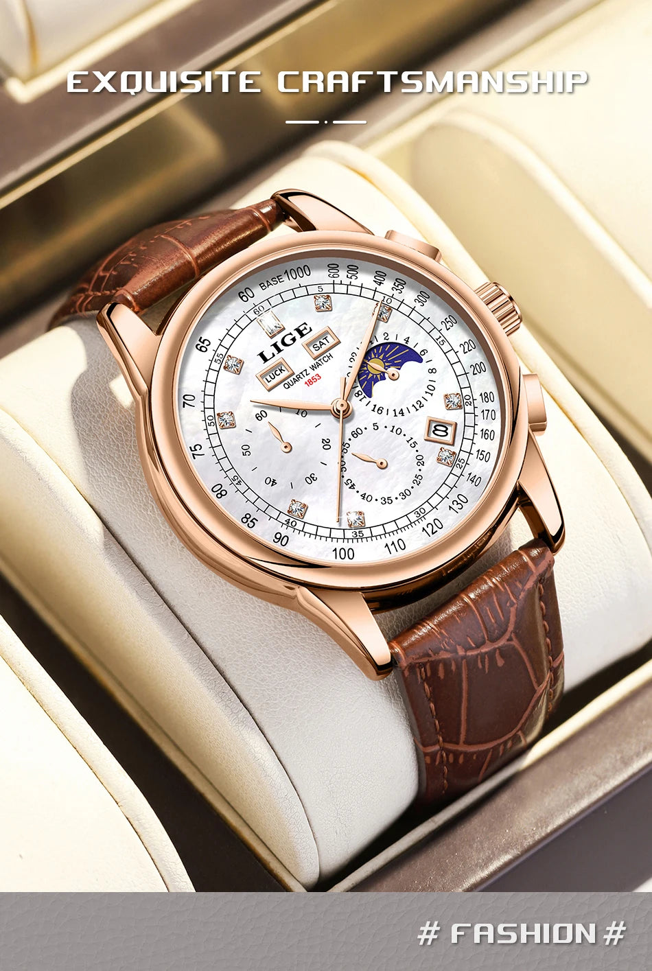 LIGE Retro Elegant Quartz Women's Wristwatches Simple Diamond Dial Fashion Casual Outdoor Date Waterproof Moon Phase Woman Watch