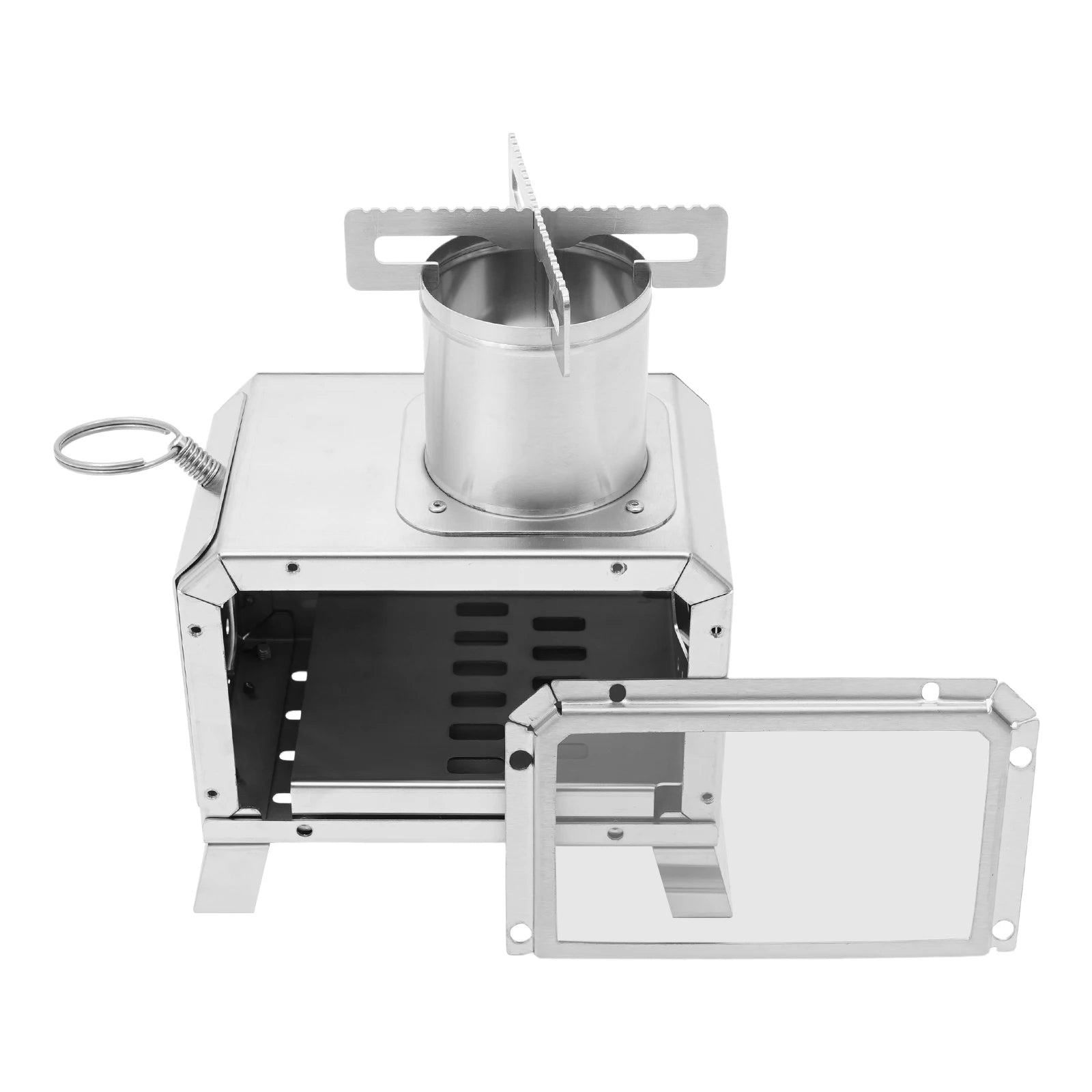 Portable Camping Wood Stove, Mini Stainless Steel Fire Pit for Outdoor Cooking, Hiking, BBQ, with Glass Window & Airflow Vents
