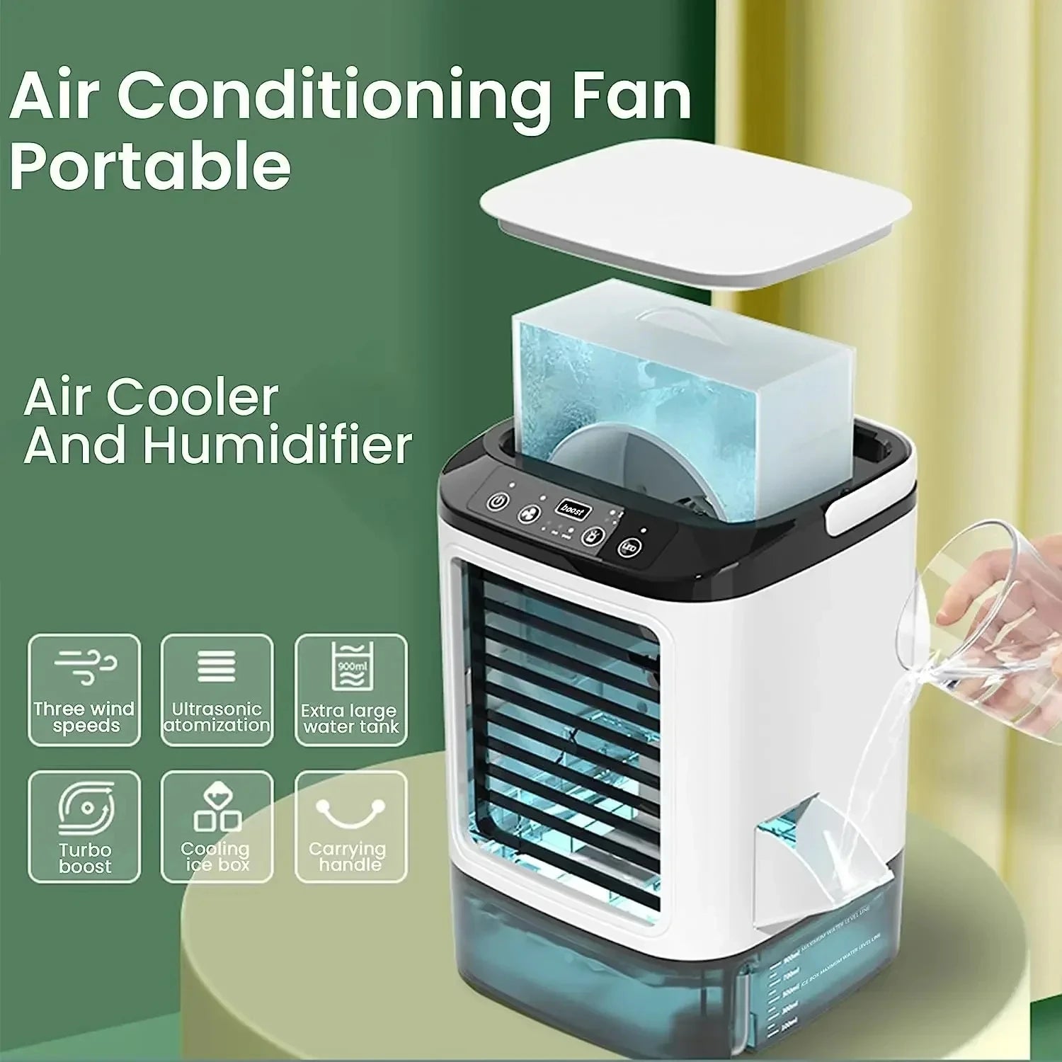 Compact Air Conditioner Fan Mini Evaporative Cooler with Ice Box & Large Water Tank USB Personal Cooler for Bedroom