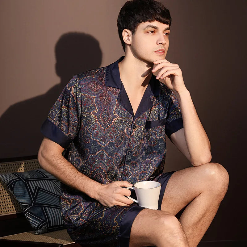 High Quality Pajamas Suit Men Summer Short Sleeve Shorts Ice Silk Sleepwear Male Summer Large Size Simple Casual Loungewear Set