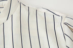 HH Women Spring New Fashion Vintage Versatile Beige Striped Puffy Sleeve Shirt+High Waisted Loose Pleated Casual Long Pants Set