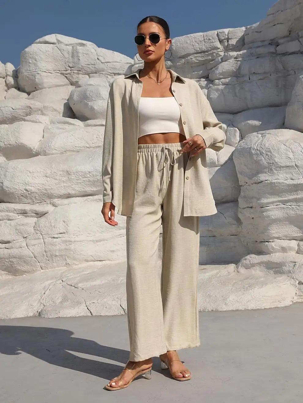 Plus Size Casual Loose Two-Piece Set Wide Leg Pants Long Sleeve Shirt Light Beige Street Style Elegant Quality Polyester Summ...