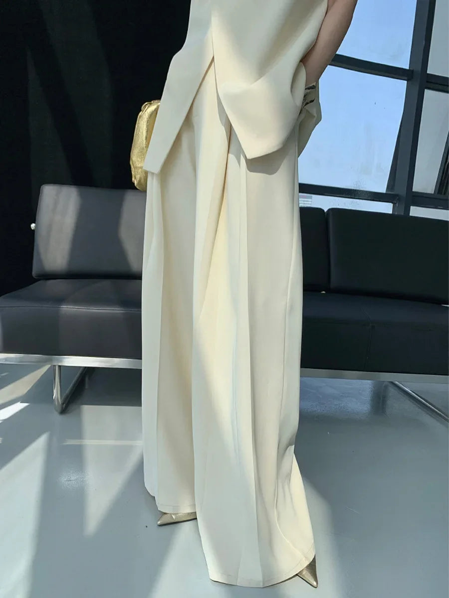 Beige two-piece suit women's summer 2024 new irregular fashion sleeveless vest top high waist wide-leg pants suit