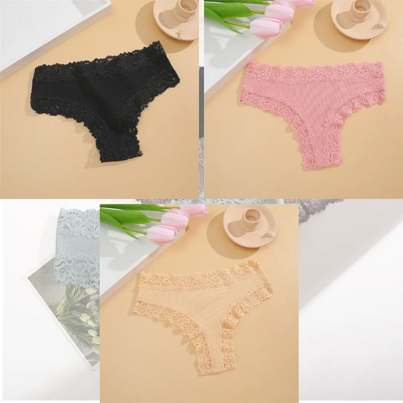 FINETOO 3Pcs Women Cotton Underwear Panties Sexy Lace Brazilian Briefs Low Waist Floral Solid Color G-string Breathable Lingerie