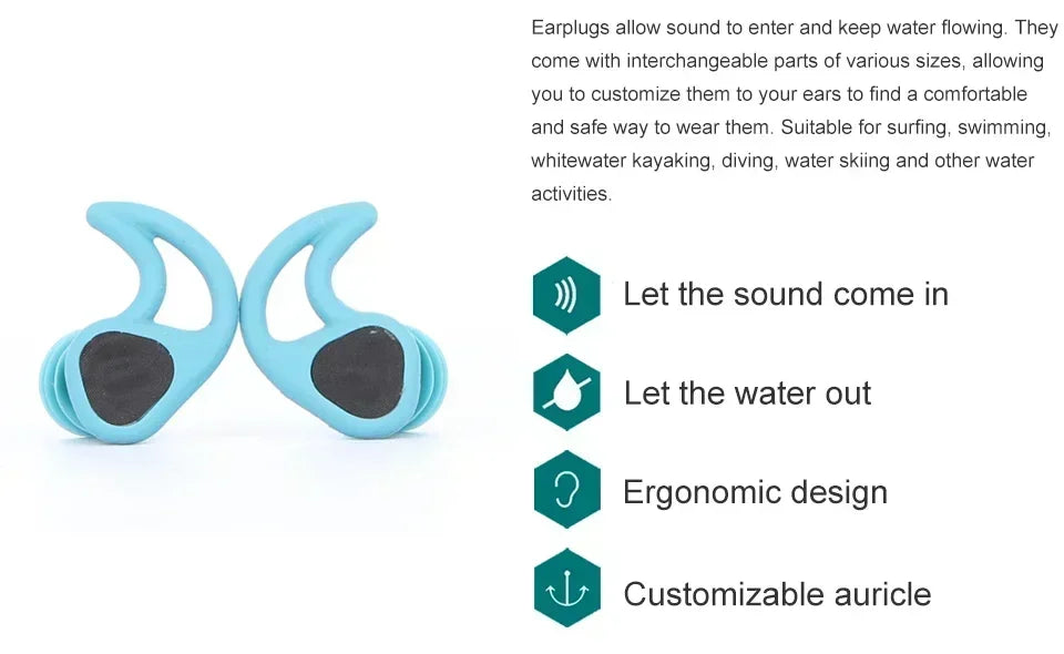 Swimming Ear Plugs for Adults, 3 Pairs Waterproof Reusable Silicone Swim Earplugs with Removable Cord,Perfect for  Water Sports