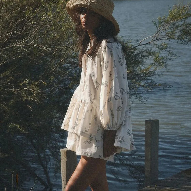 Casual Beige Print Women's Two Pieces Set Fashion Stand Collar Wrist Sleeve Ruffled Shirts And High Waisted Shorts Suit Woman