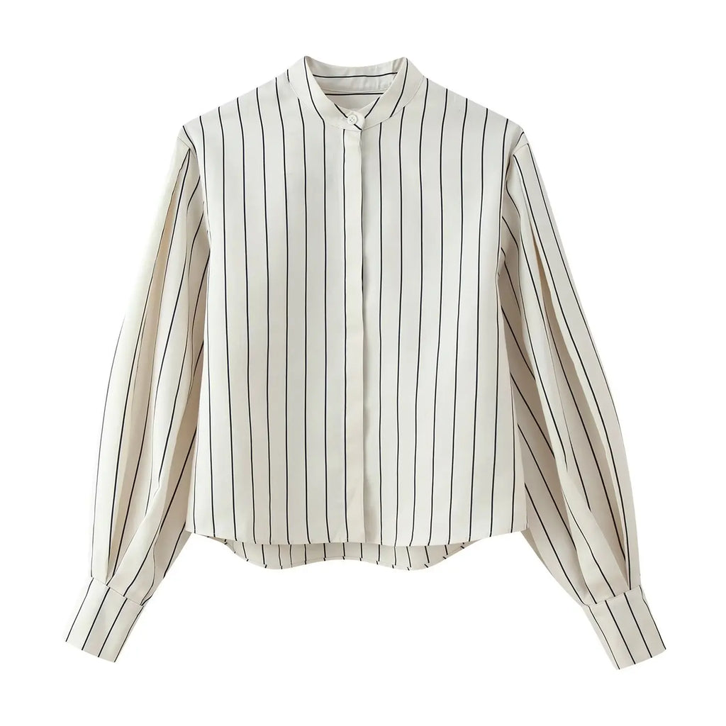 HH Women Spring New Fashion Vintage Versatile Beige Striped Puffy Sleeve Shirt+High Waisted Loose Pleated Casual Long Pants Set