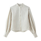 HH Women Spring New Fashion Vintage Versatile Beige Striped Puffy Sleeve Shirt+High Waisted Loose Pleated Casual Long Pants Set
