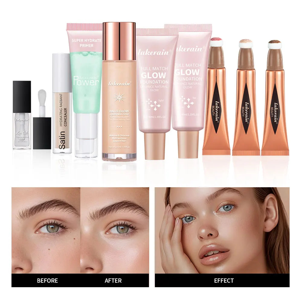 Makeup Set Beginner Kit Foundation Base Moisturizing Concealer Moisture Lip Gloss Highlighter Stick & Blush Face Makeup Sets Gif Main image